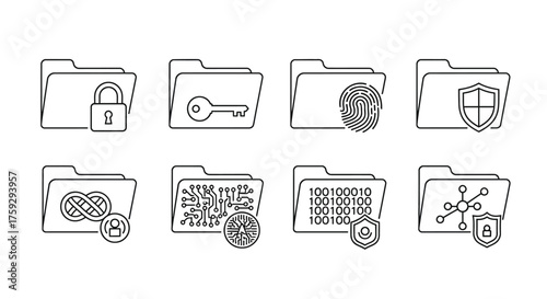 Set of hand drawn folder icons representing security data protection encryption and privacy concepts vector