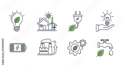 Set of ecological energy symbols featuring lightbulbs homes and solar panels for green living concepts vector