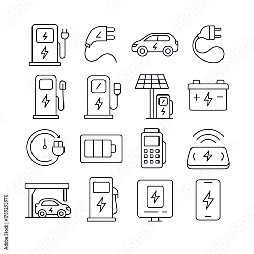 Electric vehicle icons set: charging station, battery, solar energy, ev symbols