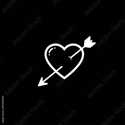 White Outline Heart Pierced by Cupid's Arrow Illustration on a Black Background