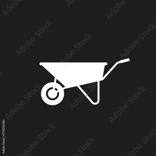 Simple white silhouette icon of a garden or construction wheelbarrow vector illustration.