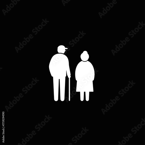 White silhouette icon representing an elderly couple (man with cane and woman) against a solid black background.