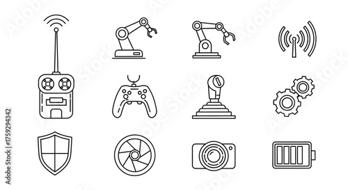 Set of technology and industry icons featuring robotics control and wireless communication symbols vector