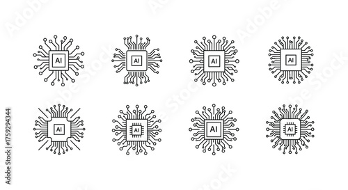 Abstract futuristic microchip icons set digital technology circuit board symbols modern electronic components vector