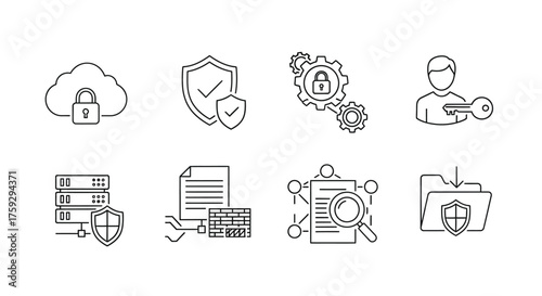 Set of 8 cybersecurity icons representing data protection cloud storage and access control vector