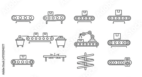 Industrial conveyor systems and manufacturing machinery featuring robotic arms and excavators vector