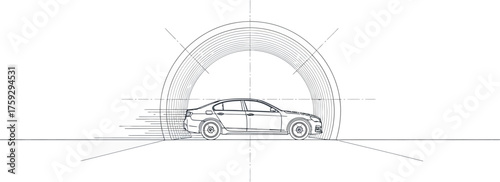 A dynamic sketch of a sports car speeding along a road, showcasing its sleek design and aerodynamic features isolated on white background