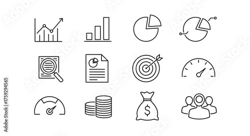 Collection of hand drawn business and finance icons for data analysis and growth concepts vector
