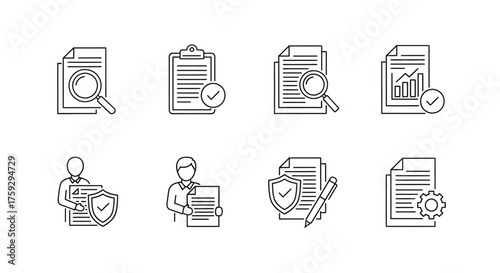 Hand drawn icons representing document analysis auditing and quality assurance processes vector