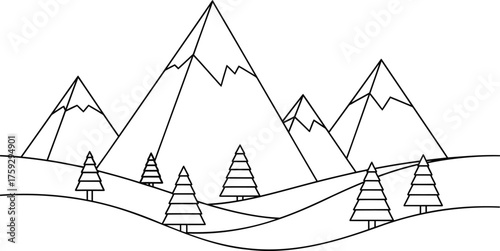 Serene Mountain Landscape with Evergreen Trees and Rolling Hills