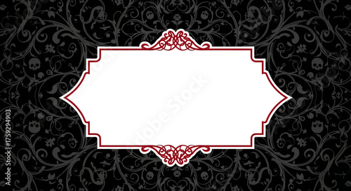 Elegant gothic frame with skull and floral damask background creates a mysterious, dark, and ornate invitation or announcement space