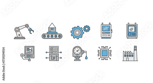 Set of industrial automation icons featuring robotic arm machinery technology and manufacturing symbols vector