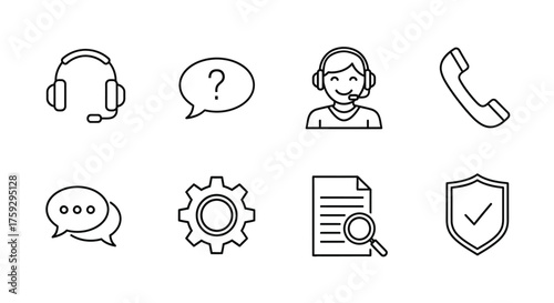 Customer support icons including headphones chat gear document magnifying glass shield phone and question mark vector