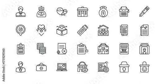 Collection of thin line icons representing business office technology and services on white vector