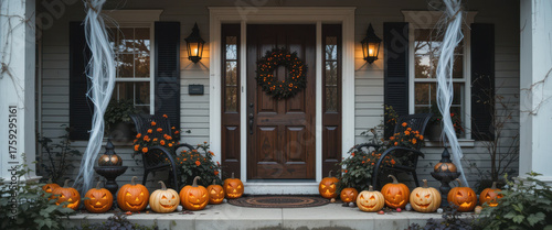 Halloween decorations and pumpkin displays residential home outdoor scene autumn vibes front porch perspective