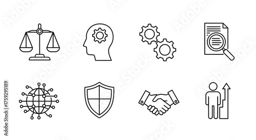 Set of business concept icons symbolizing ethics strategy technology security and teamwork vector