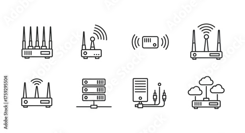 Set of modern abstract line art icons representing network routers servers and cloud technology concepts vector