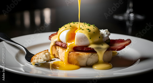 Delicious eggs benedict with hollandaise sauce dripping on a plate ready to be eaten