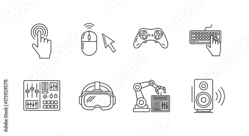 Diverse collection of gaming and technology icons depicting modern digital devices and peripherals vector