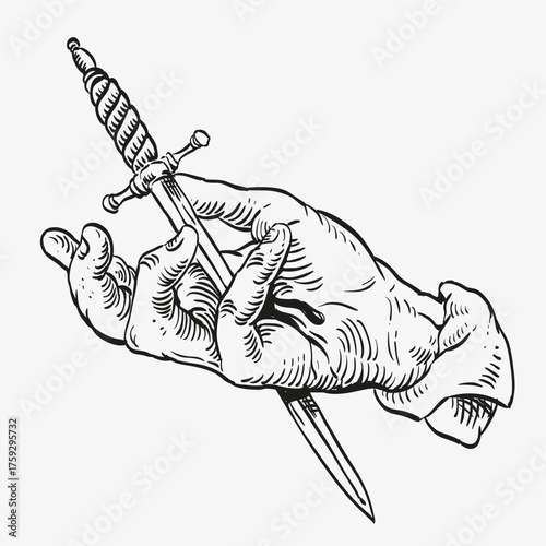 Engraved hand pierced by a dagger in vintage tattoo style.