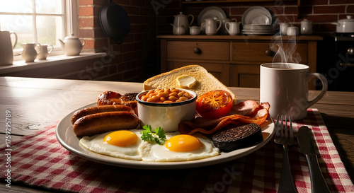 Delicious English Breakfast Served with Coffee on a Wooden Table in a Cozy Kitchen