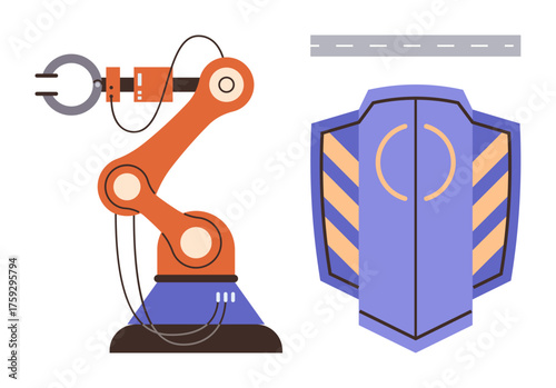 Robotic arm gripping a tool beside a shield symbolizing protection and innovation. Ideal for automation, cybersecurity, technology, industry safety, robotics, advanced manufacturing, and defense