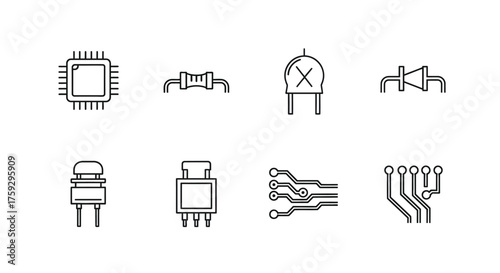 Collection of hand-drawn electronic components microchip resistor led and circuit board icons vector