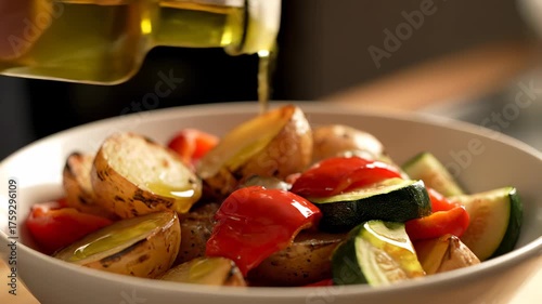 Close-up shot of a bowl of roasted vegetables with olive oil being poured on top.
