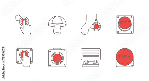 Set of hand-drawn icons representing various push buttons switches and interactive elements vector