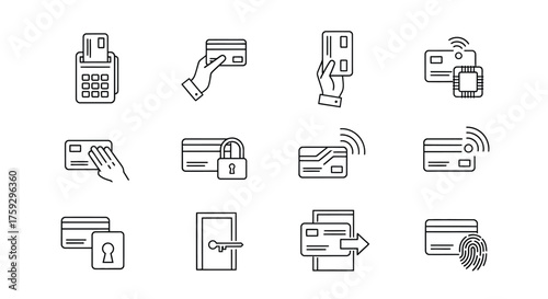 Diverse credit card payment methods and secure transactions line art icons collection vector