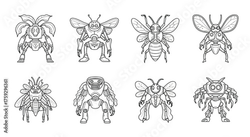 Collection of eight abstract mechanical insect robot character designs line art sketches vector