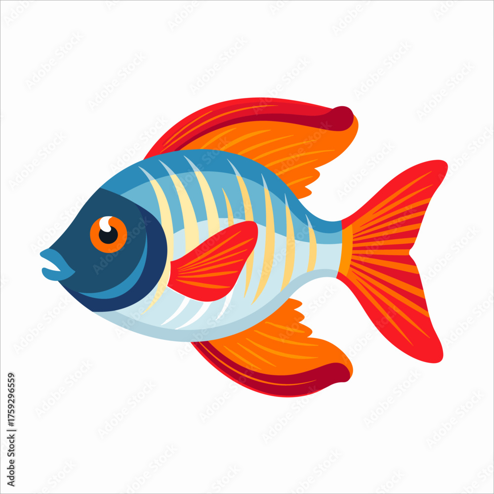 Fototapeta premium Detailed vector illustration of a freshwater fish with blue scales and bright orange fins. Flat graphic art style, side view, emphasizing aquatic wildlife and contrasting colors, isolated on white