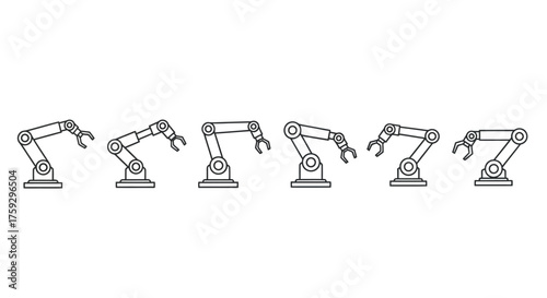 Industrial robotic arms displaying multiple articulated positions and movements for automation vector