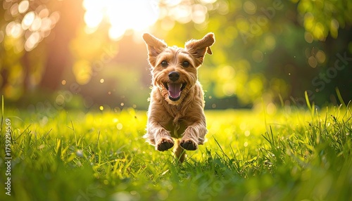 Happy small brown dog running through a sunlit green grassy field with ears flopping and mouth open showing pure joy and energy during a bright summer day.