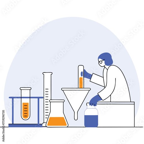 Scientist working in a lab performing experiments with beakers and test tubes vector illustration for science and research concepts