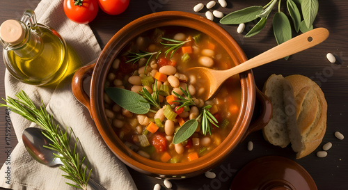 Delicious hearty bean soup with fresh herbs, tomatoes, bread slices, and olive oil on the table.