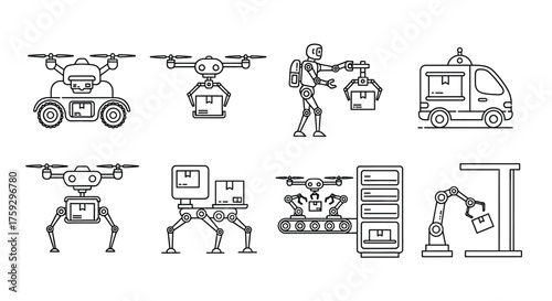 Modern robotics and automation technologies for logistics and industry line art collection vector