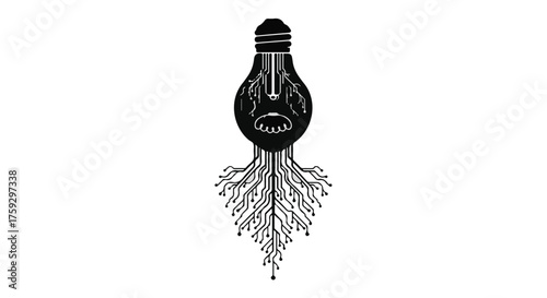 A light bulb with a distressed face and roots growing from its base, symbolizing a struggle for ideas.