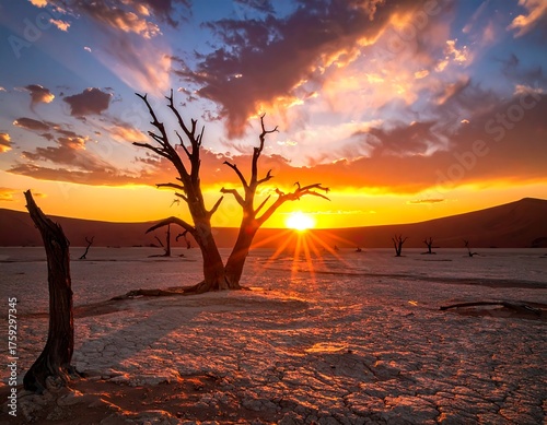 Desert landscape at sunset, with silhouetted dead trees