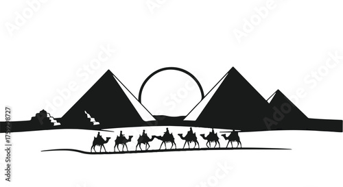 Silhouette of camels and riders crossing desert landscape against backdrop of pyramids and sun.