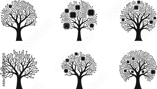 Circuit tree illustration with microchip branches, futuristic technology nature fusion, digital ecosystem growth, eco innovation, artificial intelligence, sustainability, electronic design