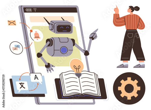 Robot on a digital screen aiding with translation, knowledge sharing, and communication. Ideal for education, AI technology, innovation, automation, online learning, language tools simple flat