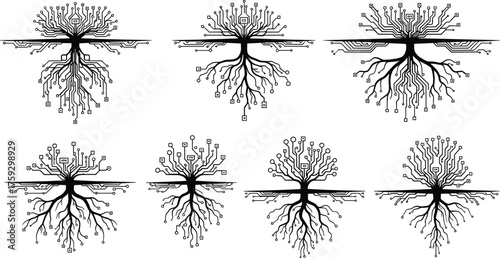 Abstract circuit tree illustration with digital roots, futuristic technology nature concept, electronic network growth, eco innovation, artificial intelligence, sustainability design