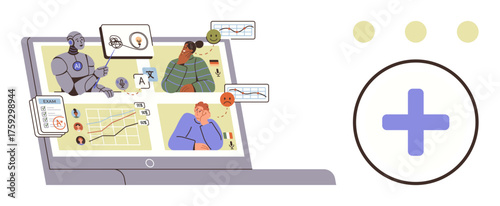 Laptop screen displaying interactive graphs, AI chatbot, diverse human emotions, and analytics tools. Ideal for remote work, AI technology, education, teamwork, data processing mental health simple