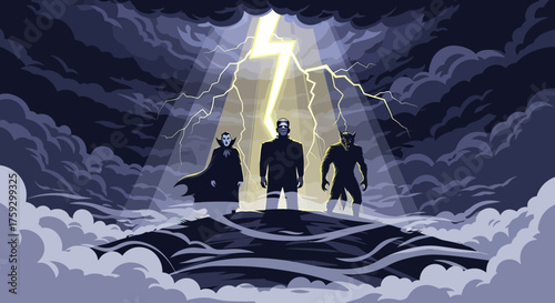 Iconic monsters Dracula Frankenstein werewolf stand united under dramatic lightning storm with ominous clouds