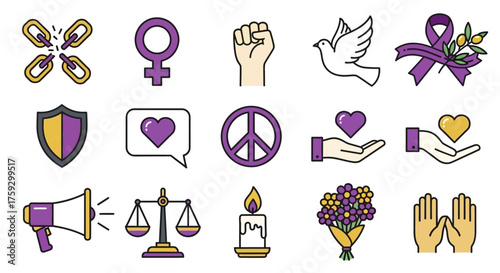 Vector icon set of empowerment, advocacy, peace and justice with strong symbolic elements for equality, solidarity, protest, human rights and social awareness in bold inspiring design palette