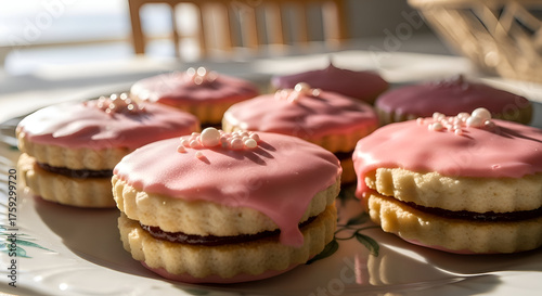 Delicious frosted cookies with pink icing and sweet decorations on a white plate