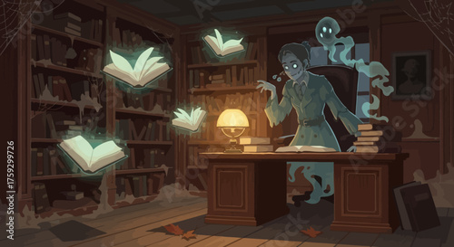 Enchanting spectral librarian conjures knowledge from floating books in a mystical, dusty library setting, inspiring wonder and curiosity.
