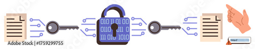 Lock with binary code surrounded by keys connecting documents, symbolizing data encryption. Ideal for cybersecurity, encryption, cloud safety, digital privacy, safe data transfer, IT solutions