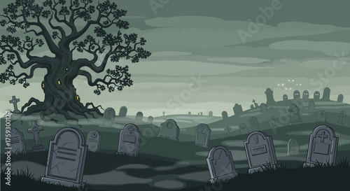 Spooky haunted graveyard scene with ancient gnarled tree and eerie glowing eyes watching from tombstones under a foggy sky